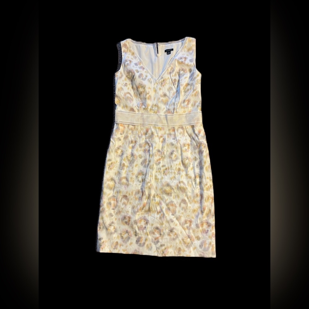 Ann Taylor Cream Yellow Print V Neck Linen Blend Sleeveless Pencil Dress Size 4